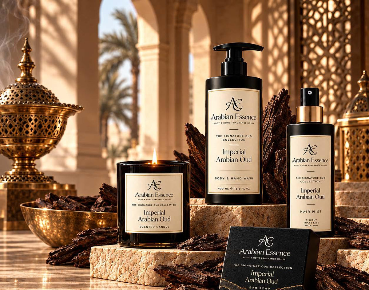 Imperial Arabian Oud body wash, hair mist, candle and bar soap among oud wood