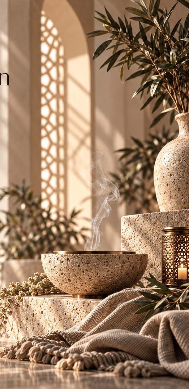 Incense bowl and olive branches in a sunlit stone room