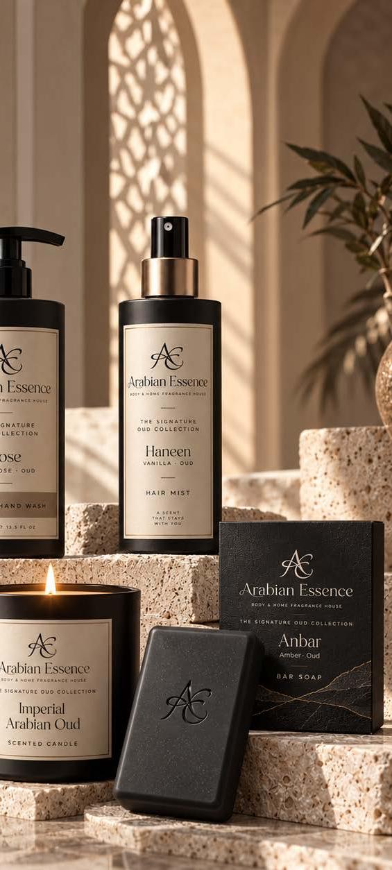 Body wash, hair mist, scented candle and bar soap